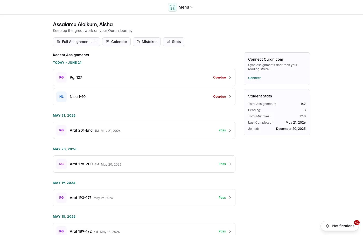 Parent-facing student progress page with recent assignments and student stats