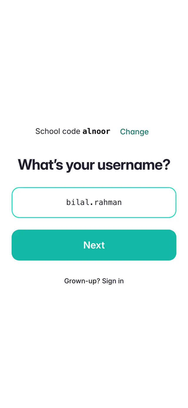 A phone showing the school code alnoor with a Change link, the question What’s your username?, the username bilal.rahman typed in, and a Next button.