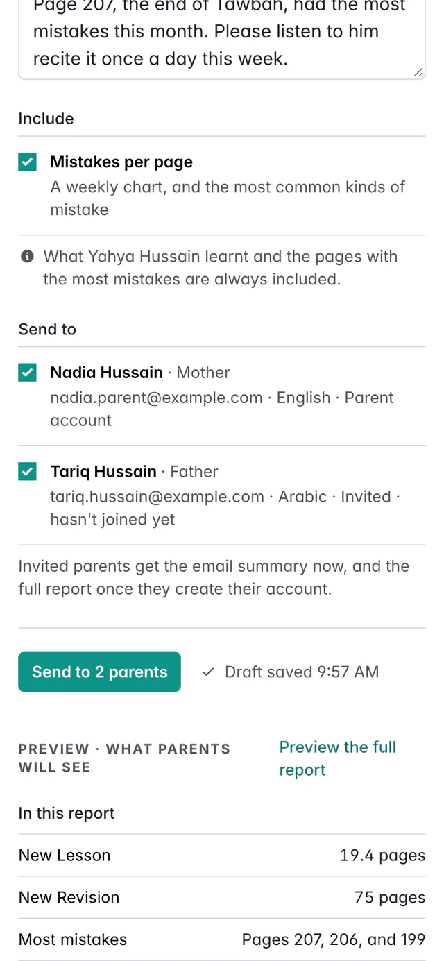 The progress report on a phone, scrolled down past the comment: Include with Mistakes per page ticked, Send to with Nadia and Tariq Hussain, a Send to 2 parents button with Draft saved, and In this report summing up New Lesson 19.4 pages, New Revision 75 pages and Most mistakes on pages 207, 206 and 199, with a Preview the full report link.