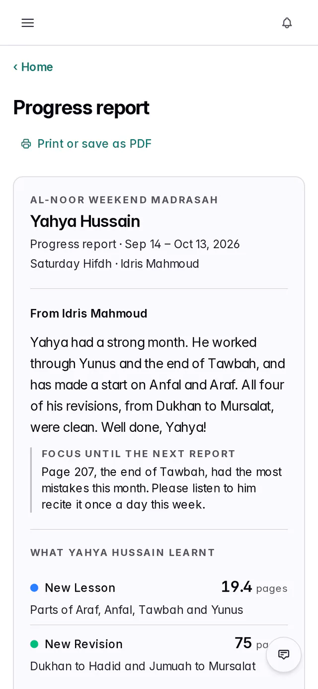 Yahya’s report on his mother’s phone, with a Home link, a Print or save as PDF button, the header, the comment from Idris Mahmoud, the focus about page 207, and What Yahya Hussain learnt.