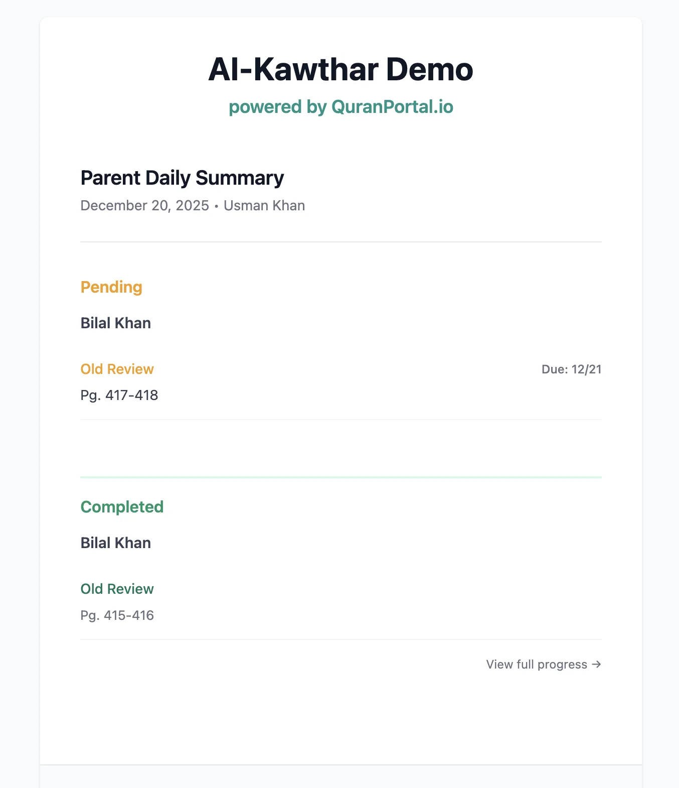 Daily Quran progress summary email